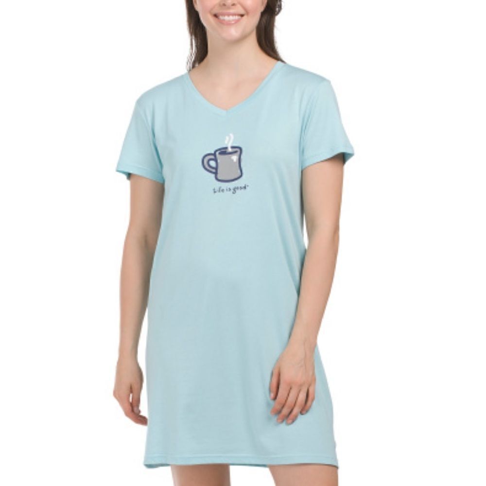 Life is good Light Blue Short Sleeve Coffee Mug Lightweight V-Neck Sleep Dress